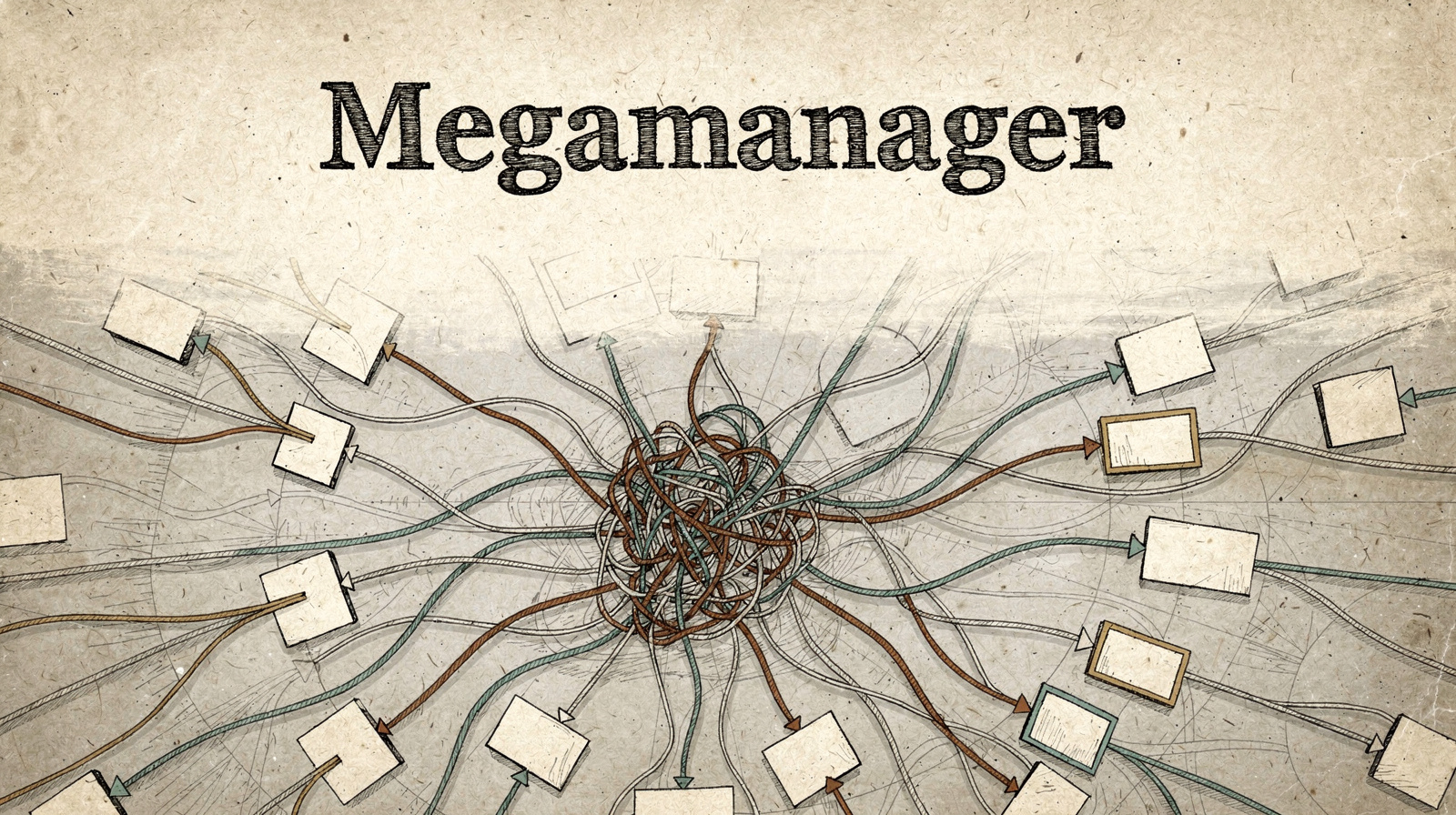 Begriffsbild zum Megamanager als verdichteter Fuehrungsknoten in einer flacheren Organisation