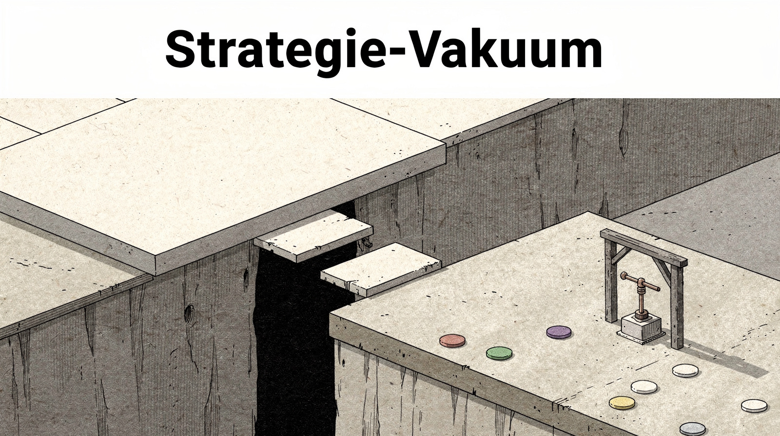 Begriffsbild zum Strategie-Vakuum als tiefer Zwischenraum zwischen KI-Strategie und praktischer Entscheidung.