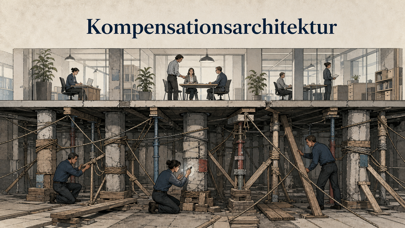 Begriffsbild zur Kompensationsarchitektur mit Rettungsmustern, Workarounds, psychologischer Sicherheit und fehlenden Entscheidungen.