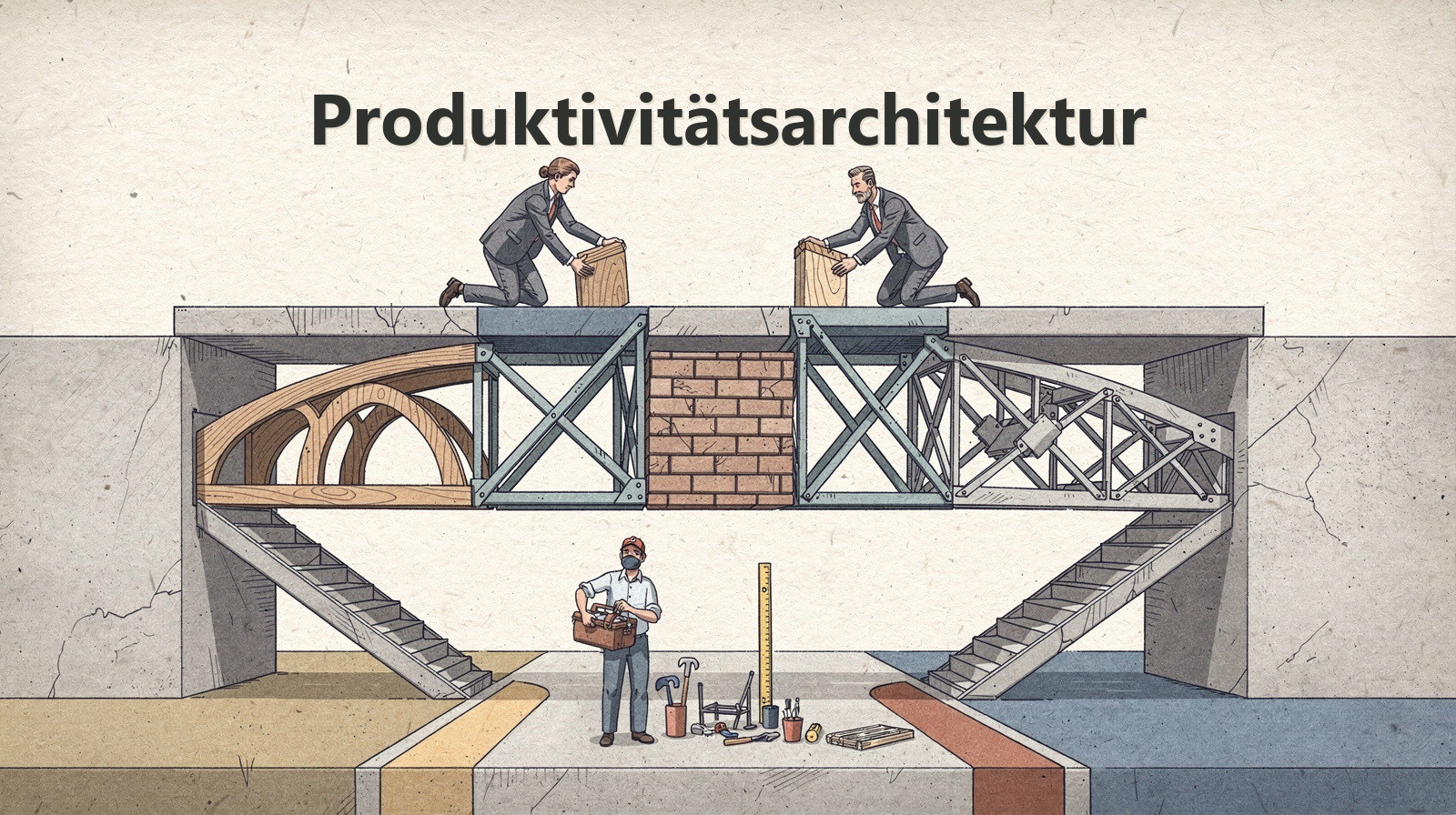 Begriffsbild einer Produktivitätsarchitektur als Brücke zwischen Strategie, Rollenschnitt, Kapazität und Teamarbeit.