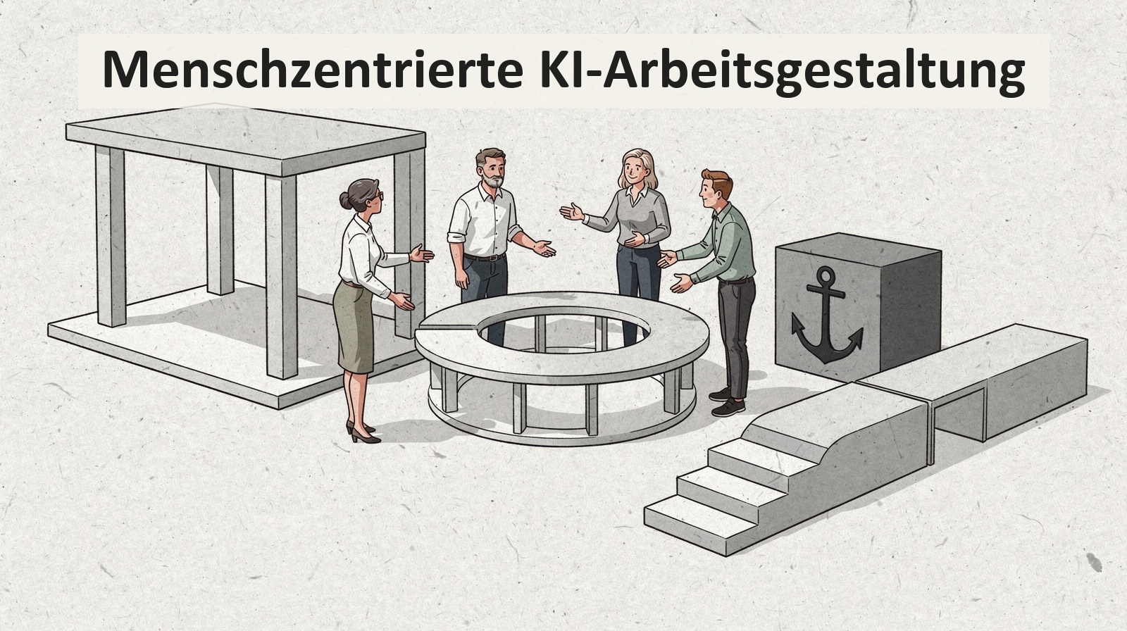 Begriffsbild zur menschzentrierten KI-Arbeitsgestaltung mit Autonomie, Kompetenz, sozialer Einbindung, Verantwortung und Entwicklung.