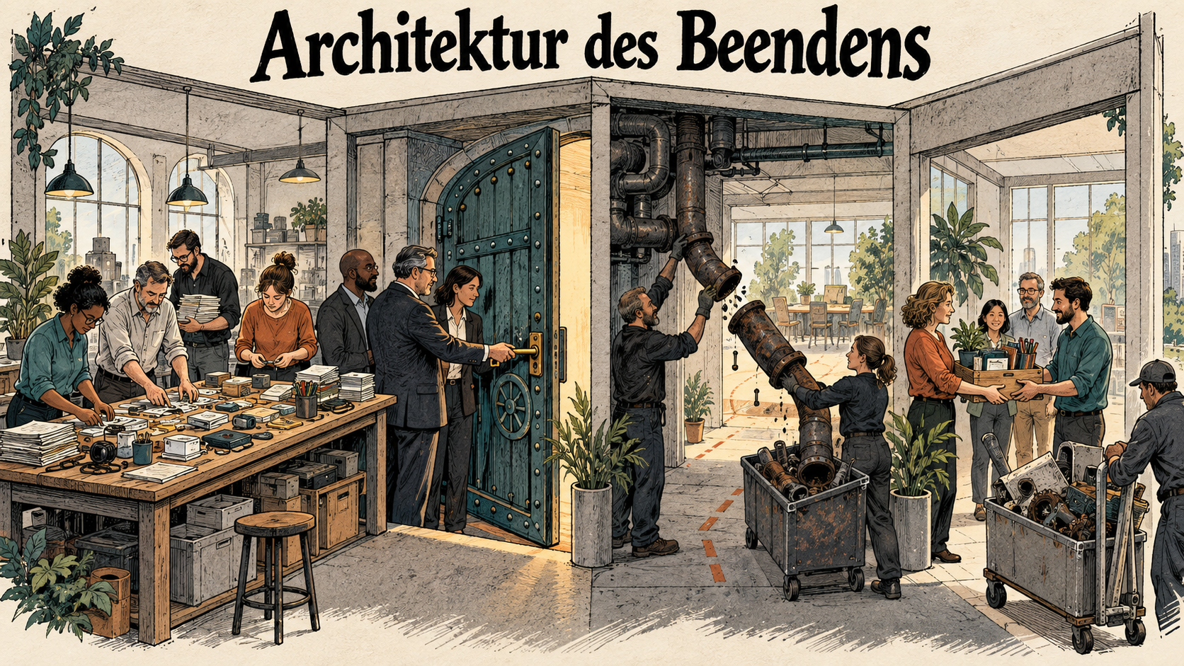 Architektur des Beendens verbindet realen Arbeitsbestand, Stopprecht, Kapazitätsfolge und bewussten Wissenserhalt.
