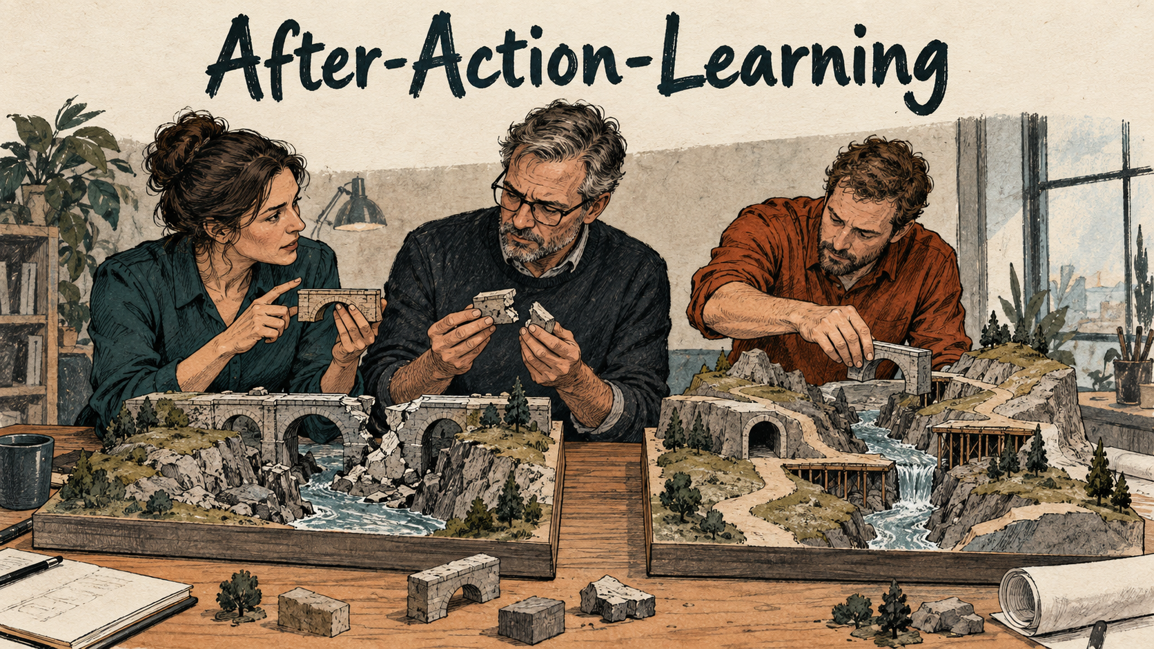 After-Action-Learning: Ein Team untersucht gelungene und misslungene Anpassung und prüft eine Lehre unter veränderten Bedingungen.