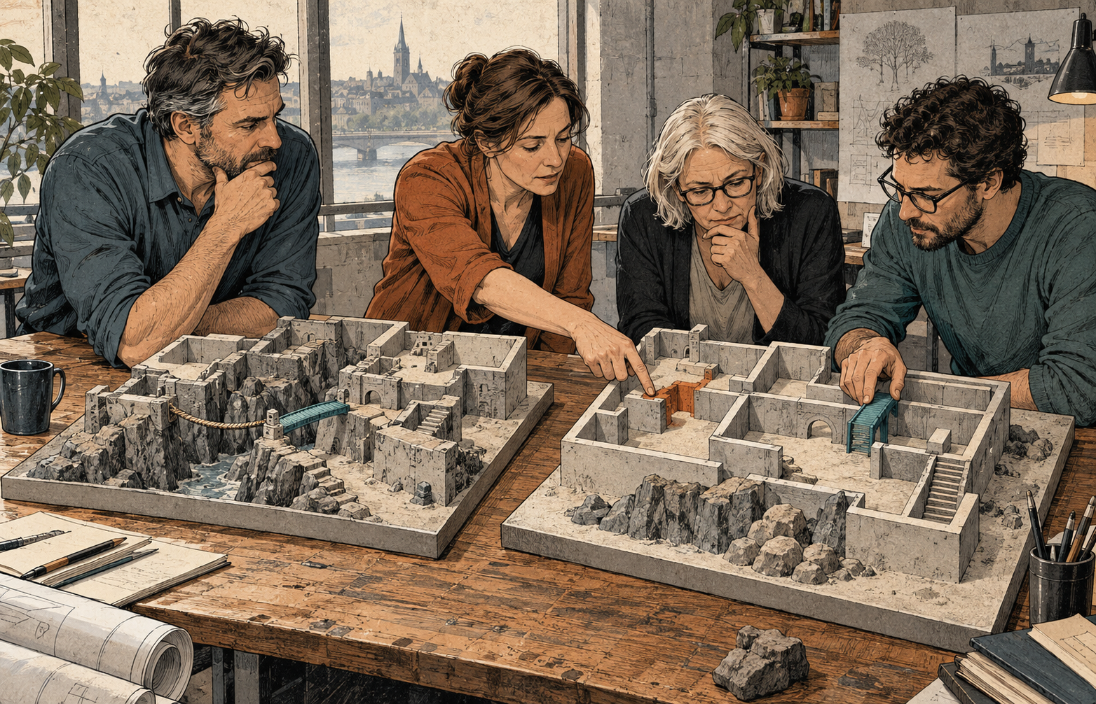 Ein Team prüft bekannte Erfahrungen an einem anderen räumlichen Modell und bezieht neue Beobachtungen und Fachperspektiven ein.