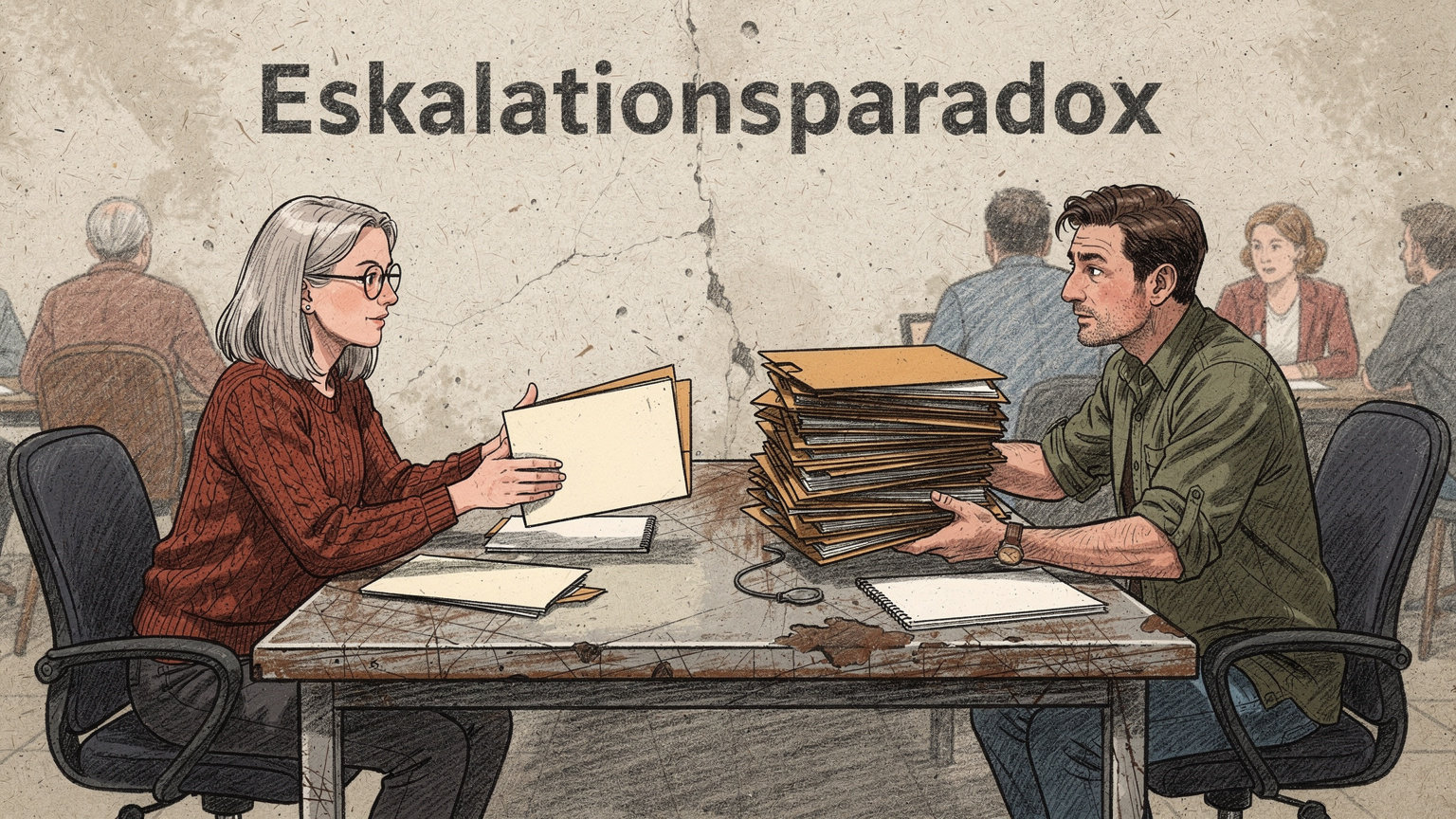 Begriffsbild Eskalationsparadox: Einer einzelnen Meldung steht ein großer zurückgereichter Aufgabenstapel gegenüber.