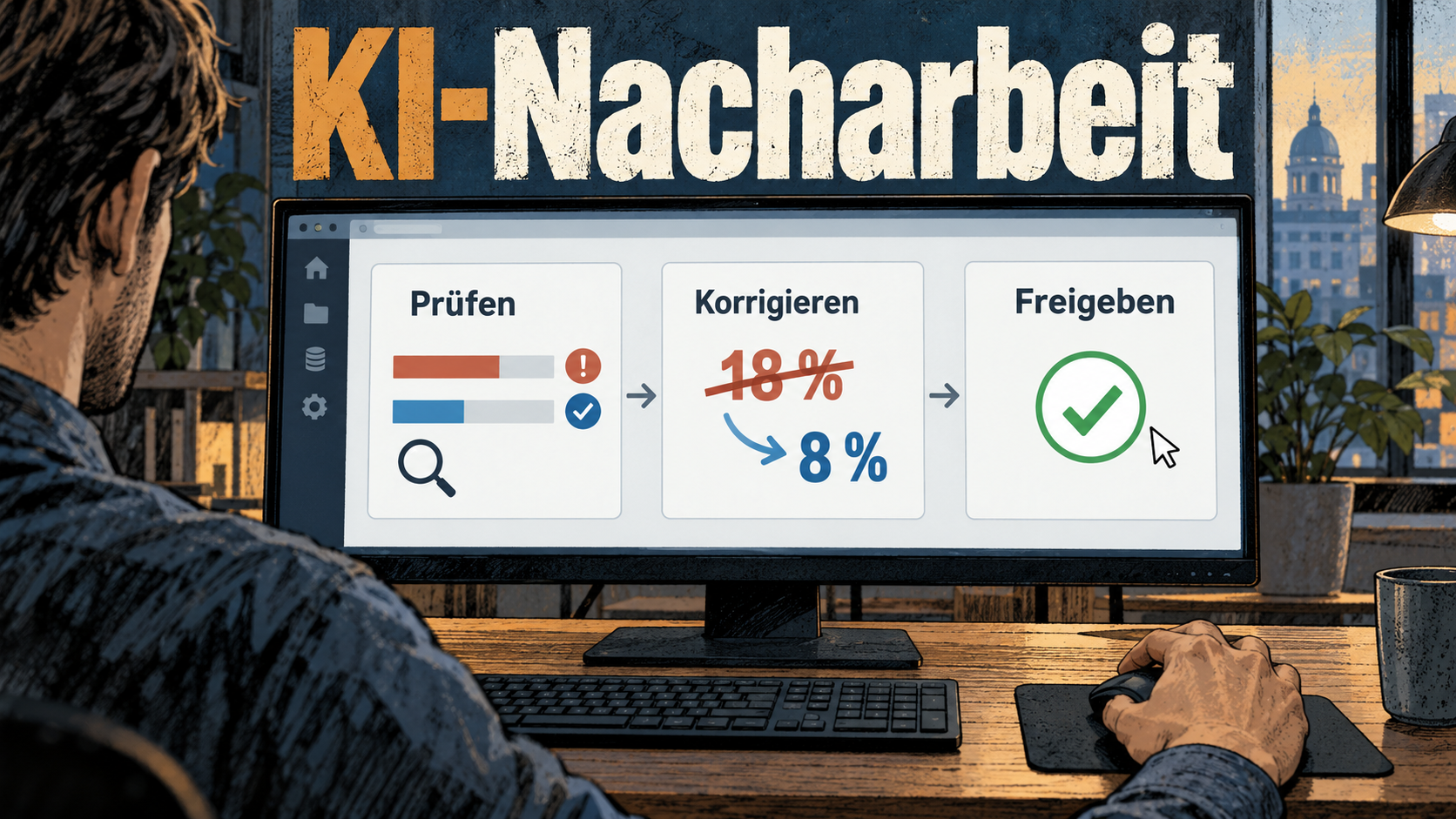 Unter dem Titel KI-Nacharbeit zeigt ein Monitor die Schritte Prüfen, Korrigieren und Freigeben.