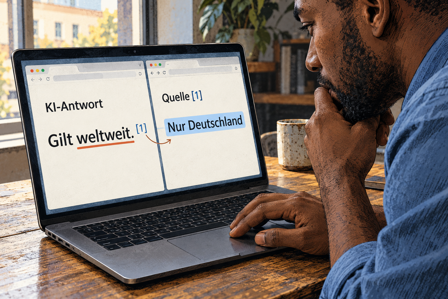 Ein Mann prüft am Laptop die KI-Aussage Gilt weltweit gegen eine Quelle mit dem Hinweis Nur Deutschland.