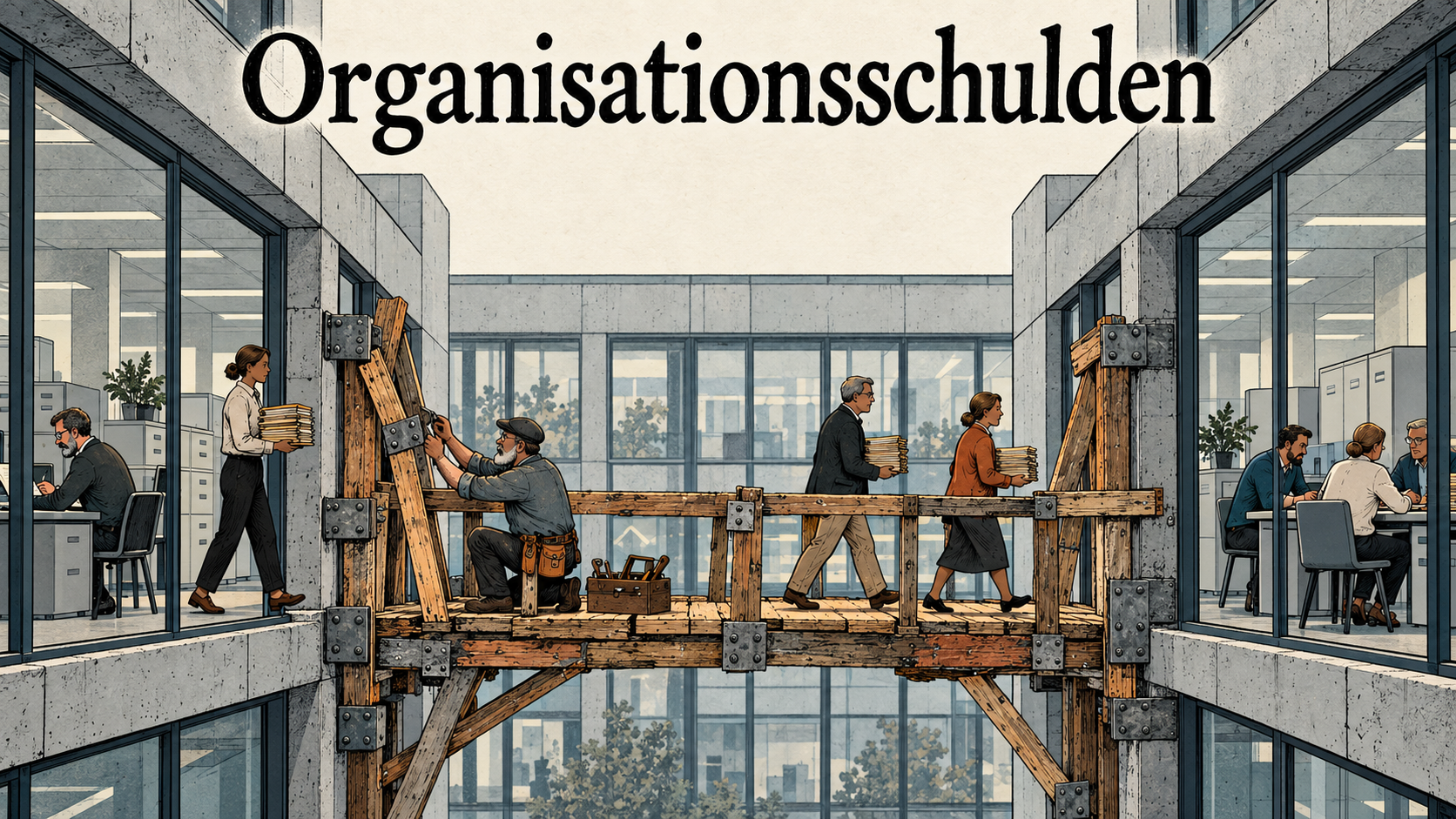 Organisationsschulden: Ein Holzprovisorium zwischen modernen Glasbüros wird während des laufenden Betriebs repariert.