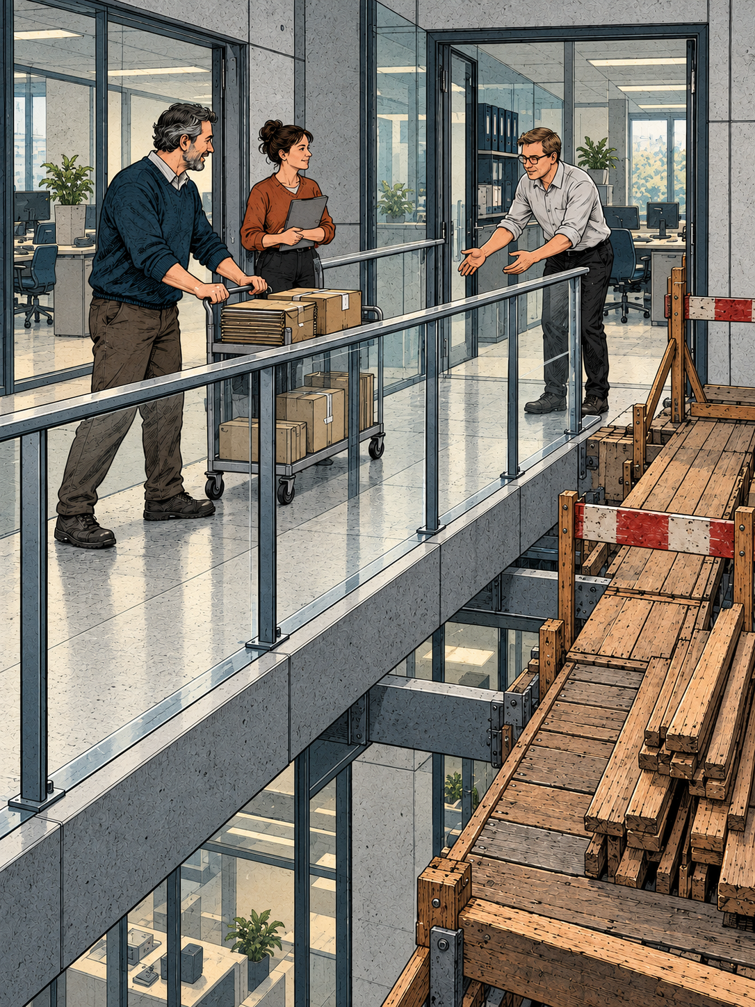Ein Team prüft einen festen Übergang aus Beton, Stahl und Glas neben dem abgesperrten alten Holzsteg.