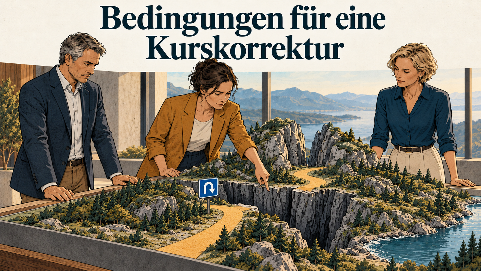 Ein Modellweg endet an einer Felsspalte. Ein U-Turn-Zeichen markiert die Umkehr; darüber steht „Bedingungen für eine Kurskorrektur“.