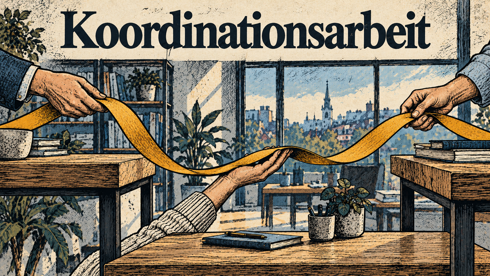 Drei Hände tragen ein gelbes Band zwischen getrennten Arbeitsflächen; darüber steht Koordinationsarbeit.